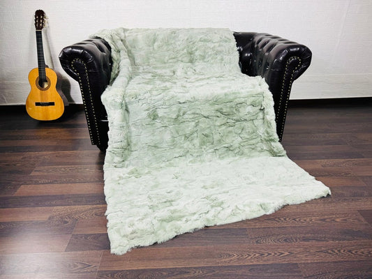 LIGHT GREEN DOUBLE SIDED Rex Rabbit Fur Blanket  •  Luxury Fur Blanket Throw  • Fur Bedspread  •  Home Warmer Blanket  • Perfect for your Living Room