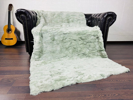 Real Green Rex Rabbit Fur Blanket  •  Luxury Fur Blanket Throw  • Fur Bedspread  •  Home Warmer Blanket  • Perfect for your Living Room