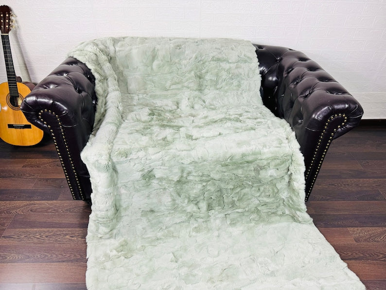 LIGHT GREEN DOUBLE SIDED Rex Rabbit Fur Blanket  •  Luxury Fur Blanket Throw  • Fur Bedspread  •  Home Warmer Blanket  • Perfect for your Living Room