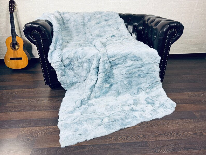 LIGHT BLUE DOUBLE SIDED Rex Rabbit Fur Blanket  •  Luxury Fur Blanket Throw  • Fur Bedspread  •  Home Warmer Blanket  • Perfect for your Living Room