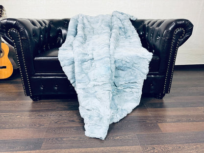 Real Light Blue Rex Rabbit Fur Blanket  •  Luxury Fur Blanket Throw  • Fur Bedspread  •  Home Warmer Blanket  • Perfect for your Living Room