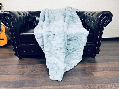 LIGHT BLUE DOUBLE SIDED Rex Rabbit Fur Blanket  •  Luxury Fur Blanket Throw  • Fur Bedspread  •  Home Warmer Blanket  • Perfect for your Living Room