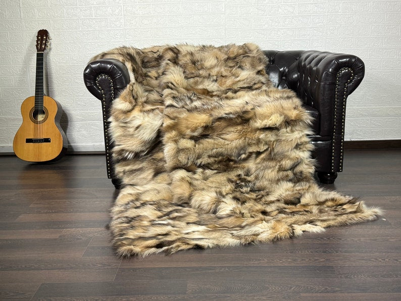 NATURAL CRYSTAL DOUBLE SIDED Fox fur throw blanket