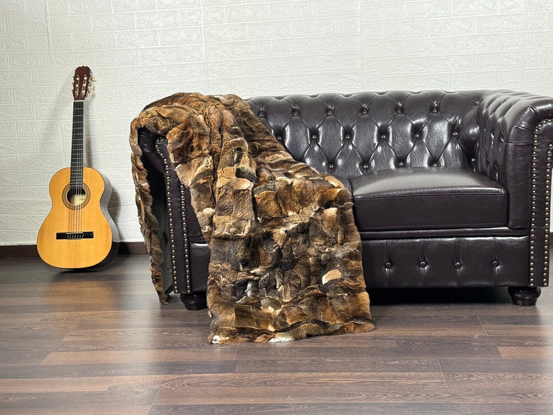 NATURAL ORILAX BROWN DOUBLE SIDED Rex Rabbit Fur Blanket  •  Luxury Fur Blanket Throw  • Fur Bedspread  •  Home Warmer Blanket  • Perfect for your Living Room