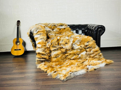 GOLD NATURAL  DOUBLE SIDED Fox fur throw blanket