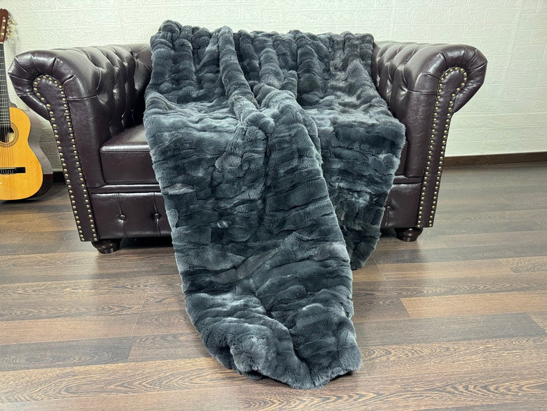 Real Gray Rex Rabbit Fur Blanket  •  Luxury Fur Blanket Throw  • Fur Bedspread  •  Home Warmer Blanket  • Perfect for your Living Room