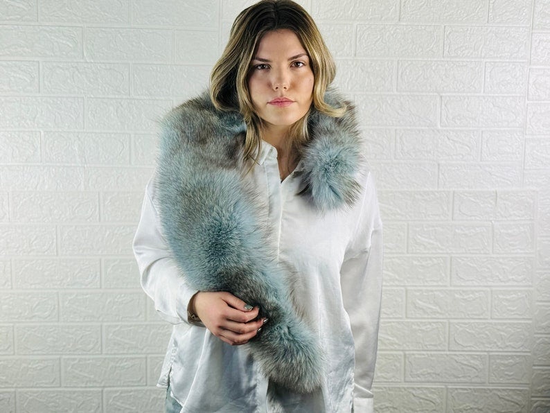 Light Blue Fox fur collar scarf Full Skin Pelts
