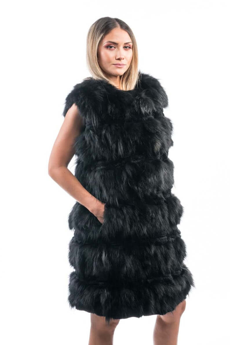 Fox Fur Vest Long Black - Tatifurs worn by a model, showcasing luxurious black fox fur with soft rabbit fur accents.