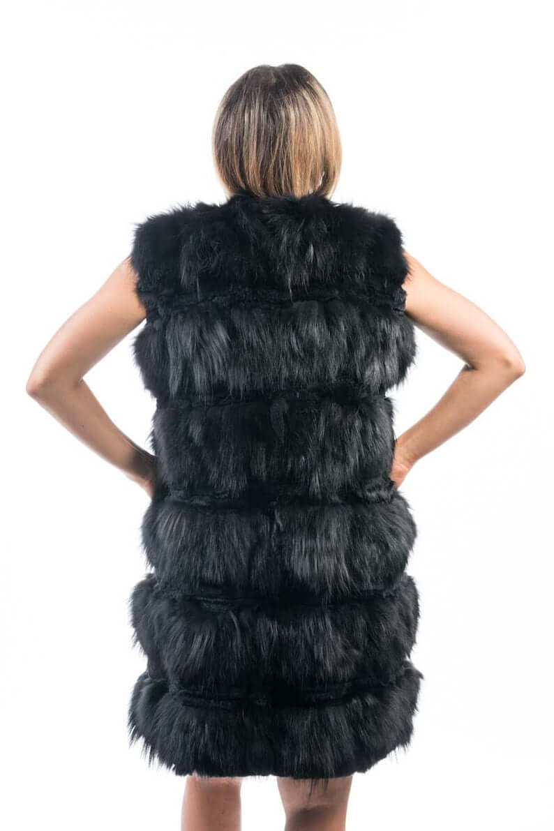 Fox Fur Vest Long Black - Tatifurs showcasing a luxurious black fox fur design from the back, perfect for modern style.