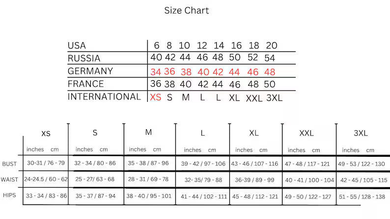 Size chart for fur clothing Tatifurs