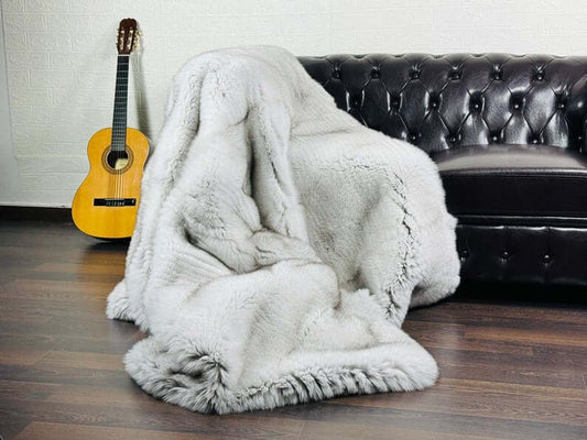 Natural blue fox fur full skin throw blanket — front view, TatiFurs
