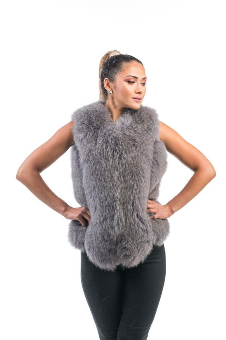 Gray Fox Fur Vest Full Skin - Tatifurs worn by a model showcasing its luxurious design and plush texture.