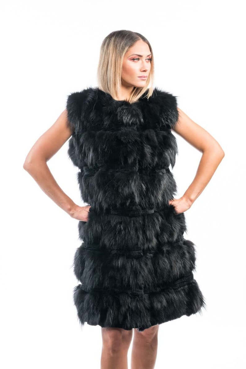Fox Fur Vest Long Black - Tatifurs model showcasing luxurious black fox fur design.