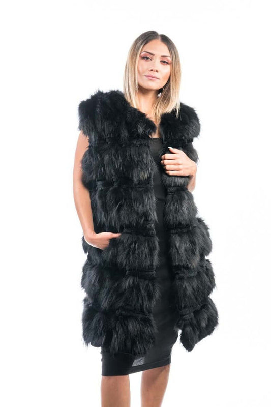 Black fox fur long vest coat with rabbit lines, front view
