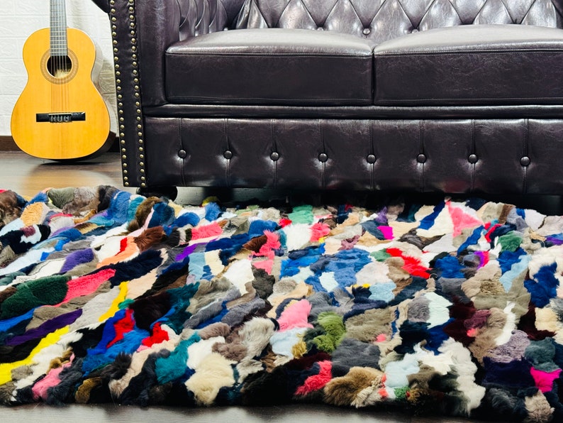 MULTICOLOR DOUBLE SIDED Rex Rabbit Fur Blanket  •  Luxury Fur Blanket Throw  • Fur Bedspread  •  Home Warmer Blanket  • Perfect for your Living Room