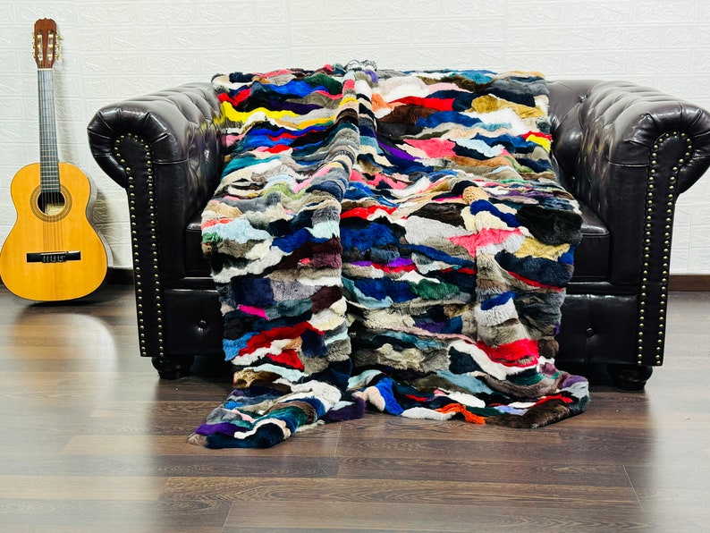 MULTICOLOR DOUBLE SIDED Rex Rabbit Fur Blanket  •  Luxury Fur Blanket Throw  • Fur Bedspread  •  Home Warmer Blanket  • Perfect for your Living Room