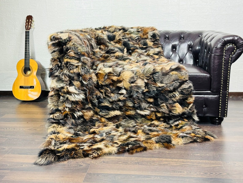 CROSS NATURAL DOUBLE SIDED Fox fur throw blanket
