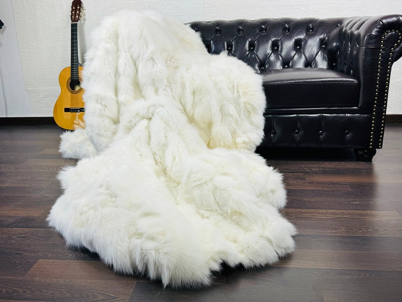 WHITE DOUBLE SIDED Fox fur throw blanket