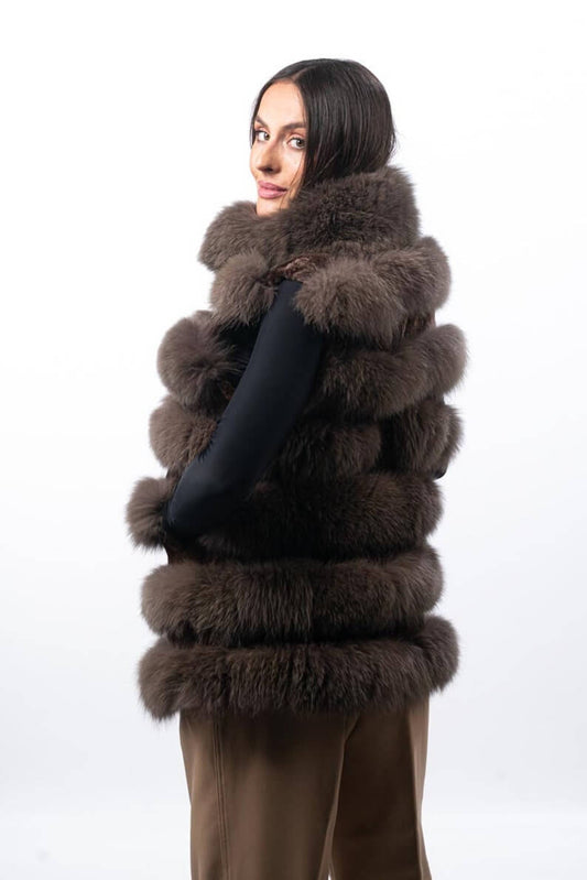 Fox fur vest brown displaying full skin brown fox horizontal rows with rabbit fur trim strips and hip level silhouette — Greek craftsmanship, TatiFurs
