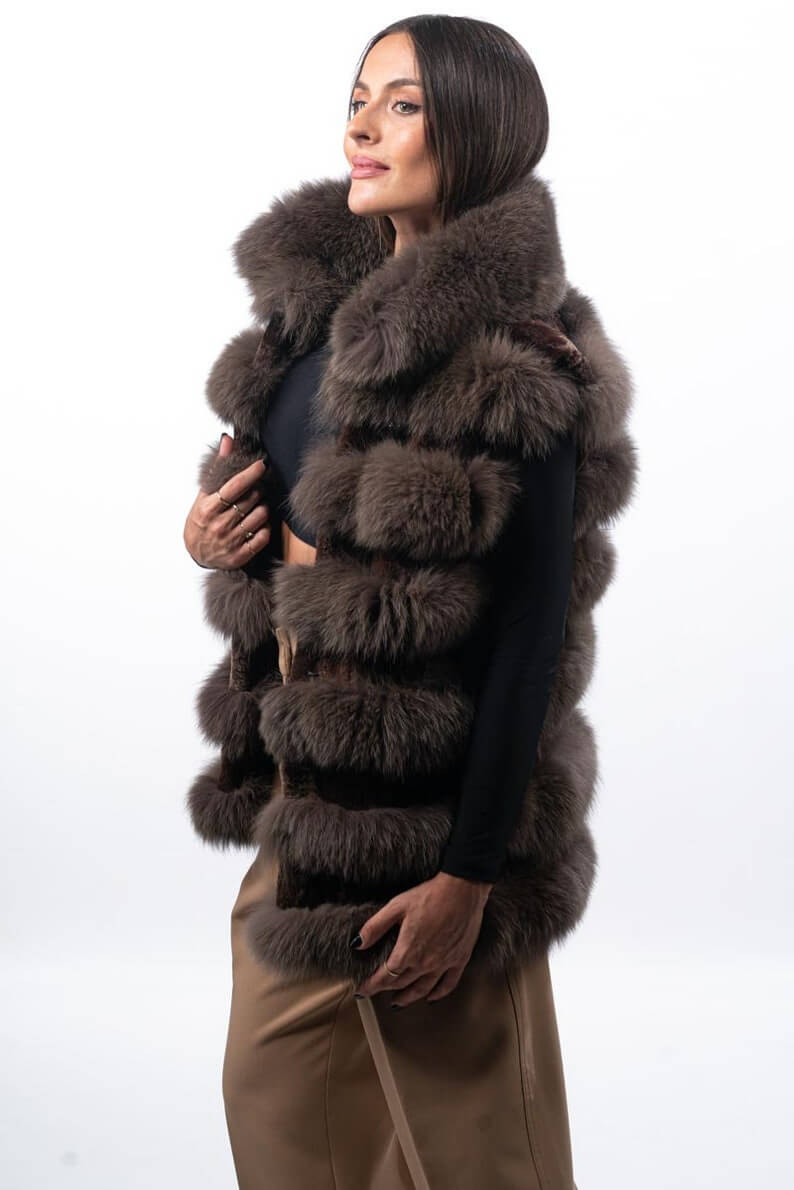 Fox fur vest brown women shown full length from front displaying collar frame and button closure in full skin brown fox with rabbit trim — Greek craftsmanship, TatiFurs

