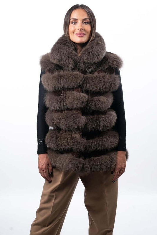 Fox fur vest brown collar rabbit trim hip level women — front view, TatiFurs
