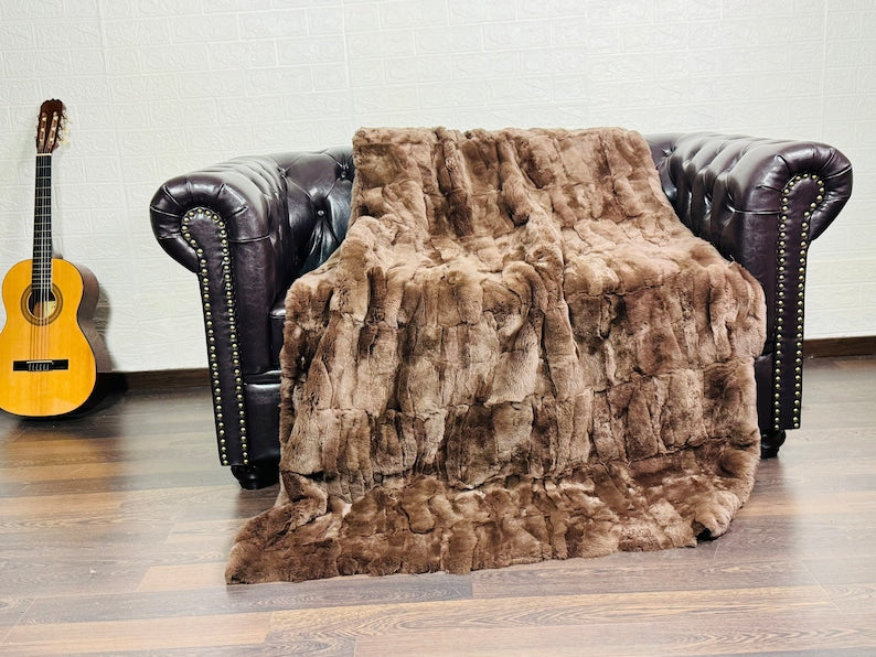 BROWN DOUBLE SIDED Rex Rabbit Fur Blanket  •  Luxury Fur Blanket Throw  • Fur Bedspread  •  Home Warmer Blanket  • Perfect for your Living Room