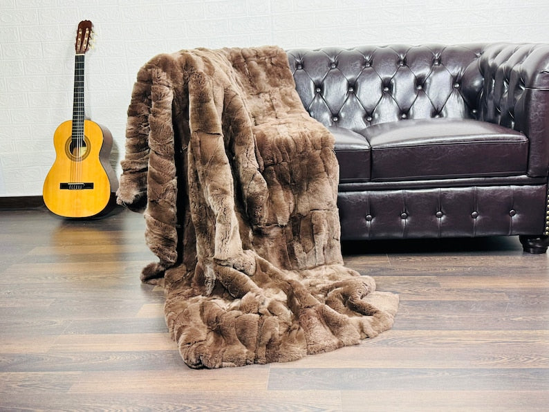 Real Brown Rex Rabbit Fur Blanket  •  Luxury Fur Blanket Throw  • Fur Bedspread  •  Home Warmer Blanket  • Perfect for your Living Room