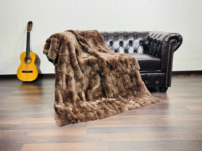 Real Brown Rex Rabbit Fur Blanket  •  Luxury Fur Blanket Throw  • Fur Bedspread  •  Home Warmer Blanket  • Perfect for your Living Room