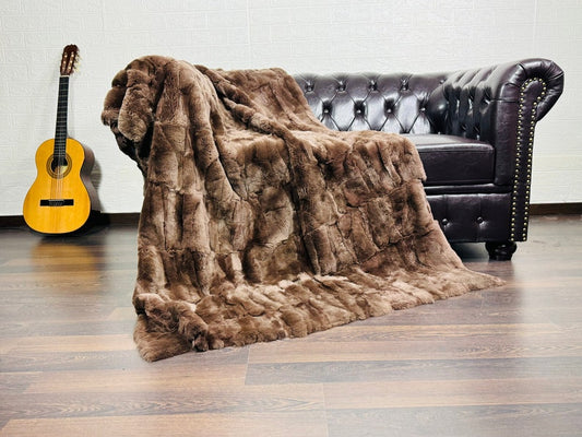 Real Brown Rex Rabbit Fur Blanket  •  Luxury Fur Blanket Throw  • Fur Bedspread  •  Home Warmer Blanket  • Perfect for your Living Room