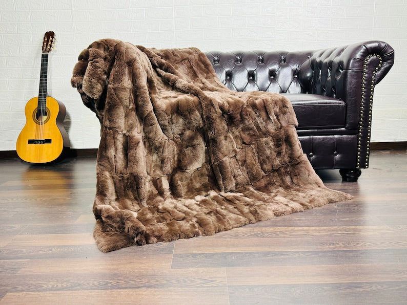 BROWN DOUBLE SIDED Rex Rabbit Fur Blanket  •  Luxury Fur Blanket Throw  • Fur Bedspread  •  Home Warmer Blanket  • Perfect for your Living Room