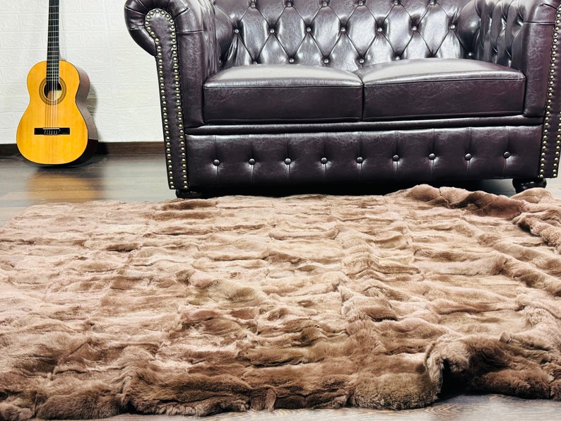 BROWN DOUBLE SIDED Rex Rabbit Fur Blanket  •  Luxury Fur Blanket Throw  • Fur Bedspread  •  Home Warmer Blanket  • Perfect for your Living Room
