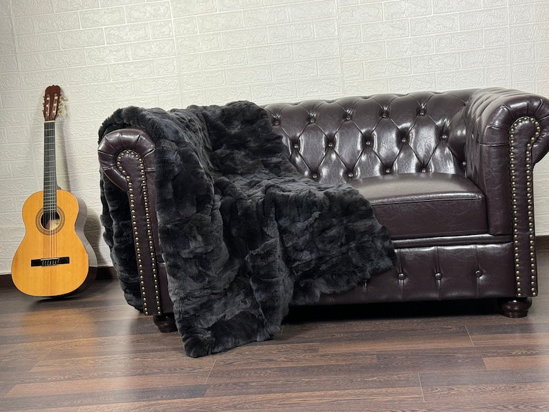 BLACK DOUBLE SIDED Rex Rabbit Fur Blanket  •  Luxury Fur Blanket Throw  • Fur Bedspread  •  Home Warmer Blanket  • Perfect for your Living Room