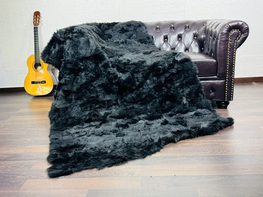 Black Real Sheepskin Fur Throw Blanket Toscane Wool