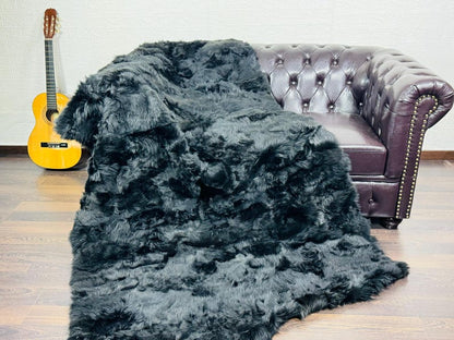 Black Real Sheepskin Fur Throw Blanket Toscane Wool