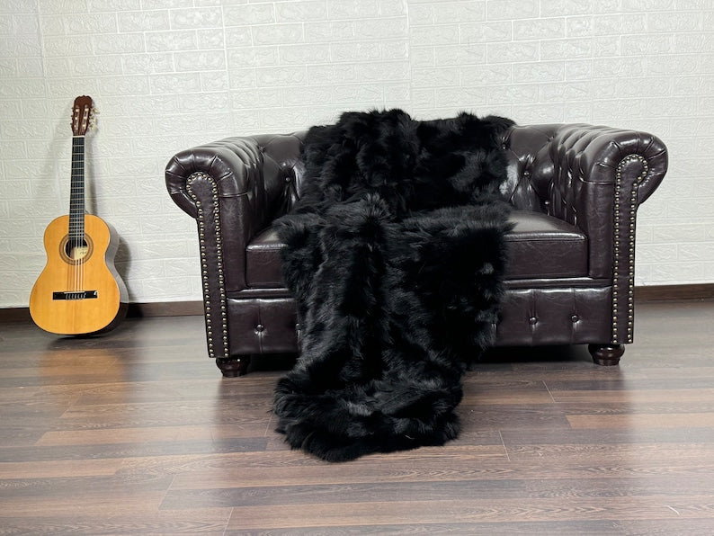 BLACK DOUBLE SIDED Fox fur throw blanket