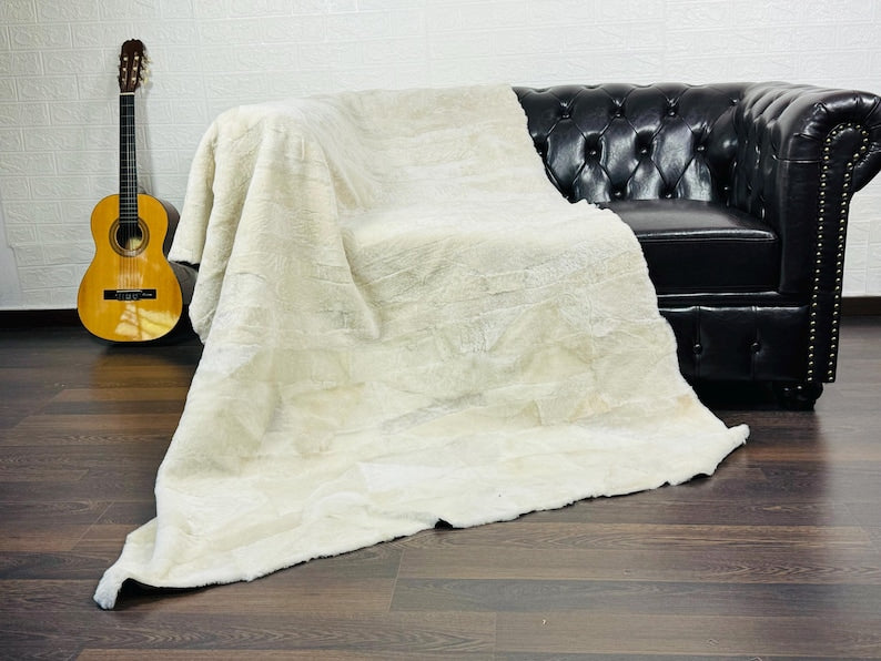 Off White Cream Real Sheepskin Fur Throw Blanket Lamb Wool