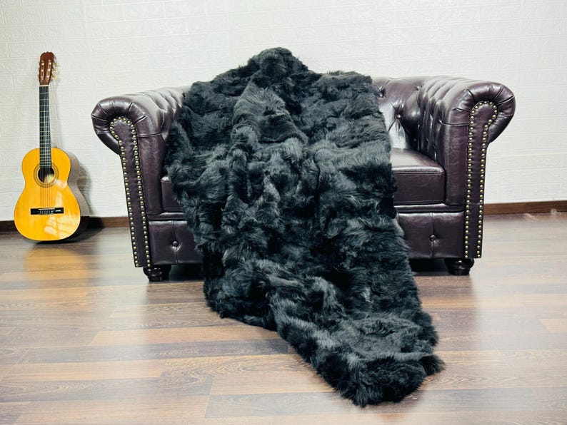 Black Real Sheepskin Fur Throw Blanket Toscane Wool
