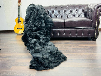 Black Real Sheepskin Fur Throw Blanket Toscane Wool