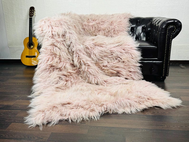 Baby Pink Real Sheepskin Fur Throw Blanket Mongolian Wool