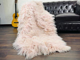 BABY PINK Fluffy Real SHEEPSKIN Mongolian Fur Throw Blanket • Large Area Rug  • Ethically and Organically Wool Rug