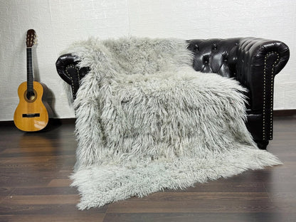 Gray Real Sheepskin Fur Throw Blanket Mongolian Wool