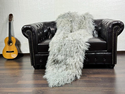 Gray Real Sheepskin Fur Throw Blanket Mongolian Wool