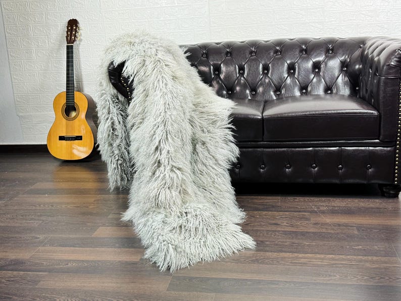 Gray Real Sheepskin Fur Throw Blanket Mongolian Wool