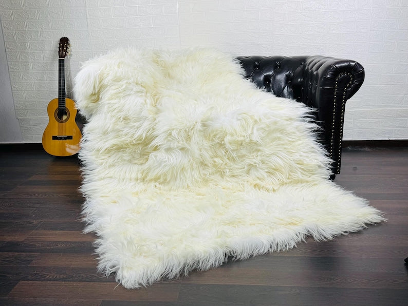 Off White Cream Real Sheepskin Fur Throw Blanket Mongolian Wool
