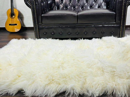 Off White Cream Real Sheepskin Fur Throw Blanket Mongolian Wool