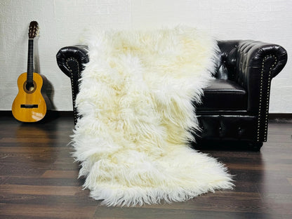 Off White Cream Real Sheepskin Fur Throw Blanket Mongolian Wool