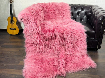 Pink Real Sheepskin Fur Throw Blanket Mongolian Wool