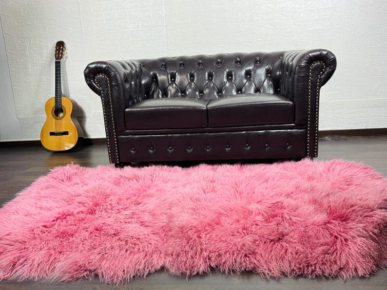 Pink Real Sheepskin Fur Throw Blanket Mongolian Wool
