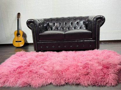 Pink Real Sheepskin Fur Throw Blanket Mongolian Wool