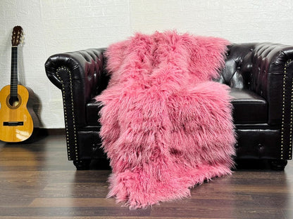 Pink Real Sheepskin Fur Throw Blanket Mongolian Wool